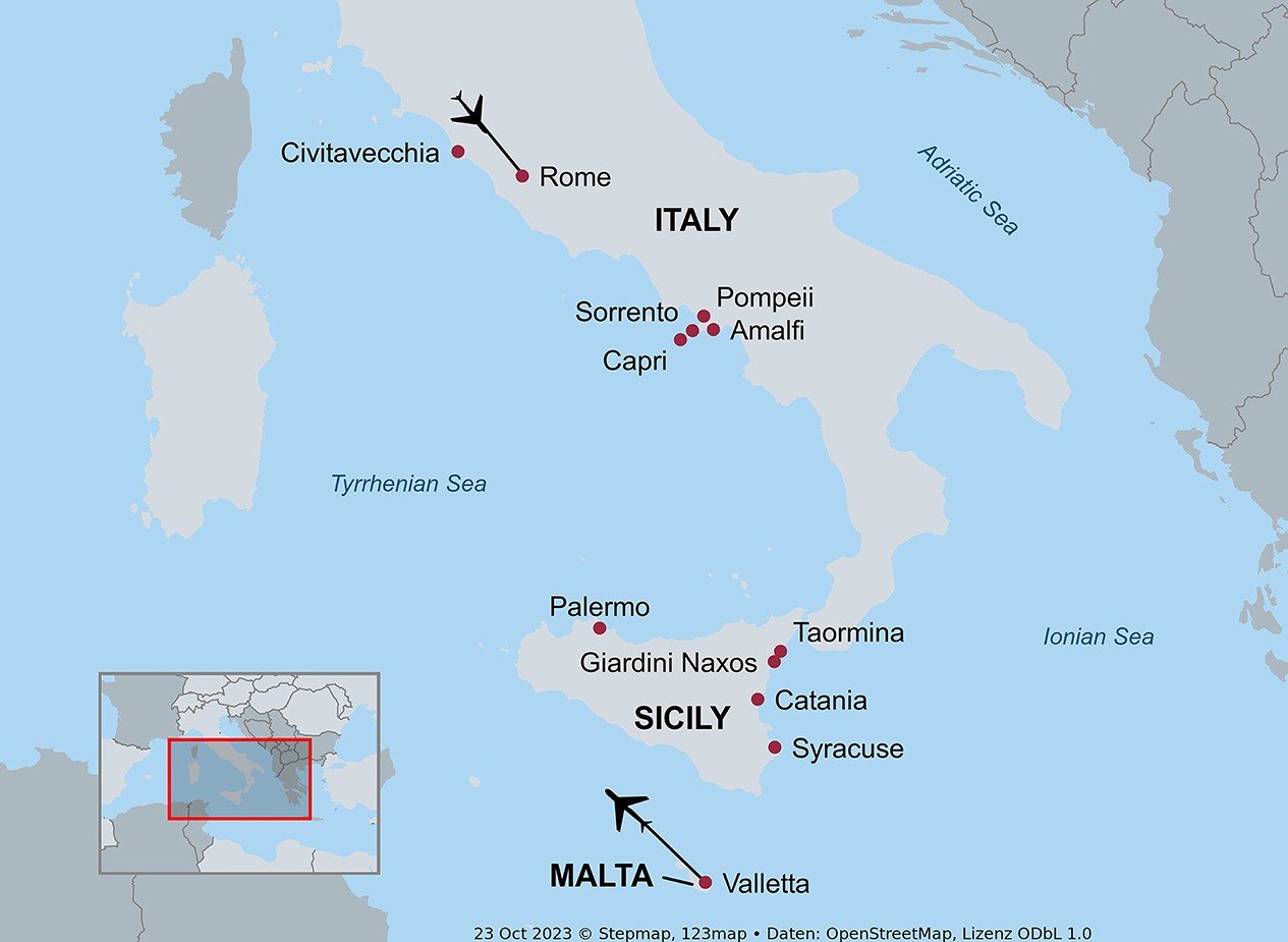 Amalfi Coast, Sicily & Malta Trip Map